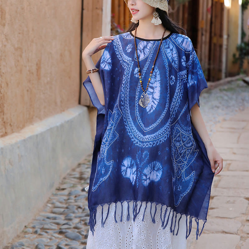 Mythstone Blue Geometry Batik Shawl Tassels Cozy Travel Pullover 90*95cm