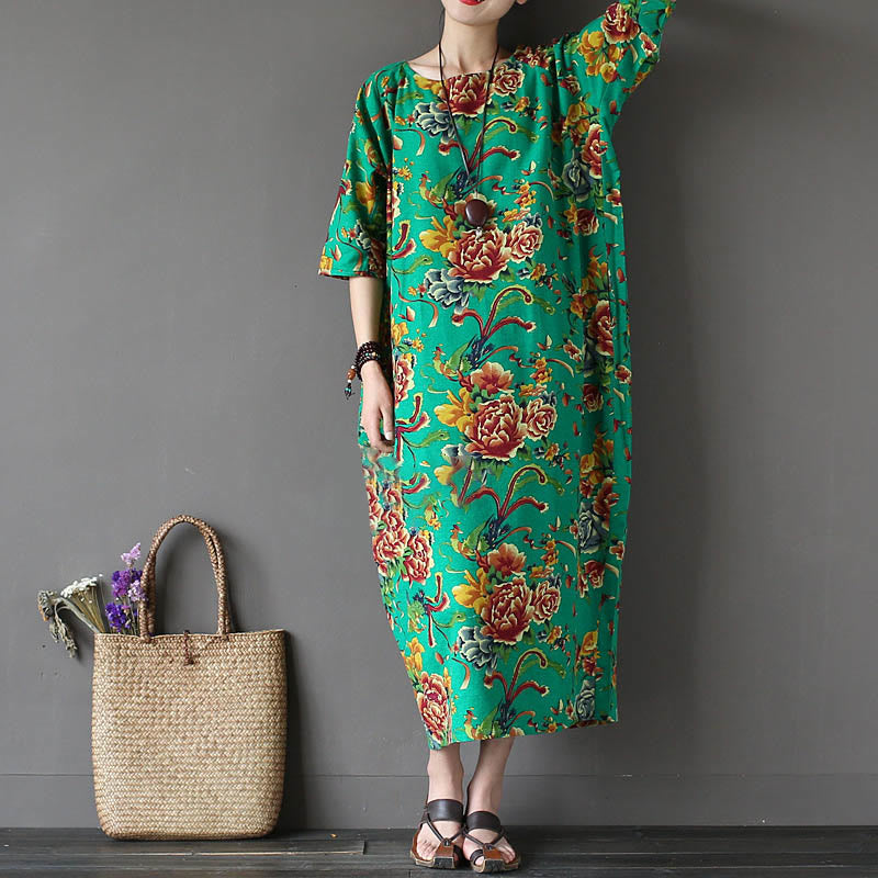 Mythstone Red Peony Flowers Printed Midi Dress Half Sleeve Cotton Linen Dress