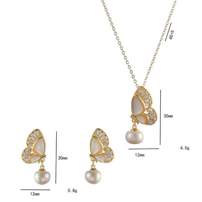 Mythstone Tridacna Stone Pearl Bead Butterfly Healing Necklace Pendant Earrings Set