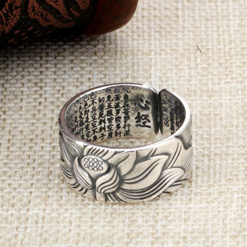 Mythstone 999 Sterling Silver Lotus Symbol Heart Sutra Protection Ring