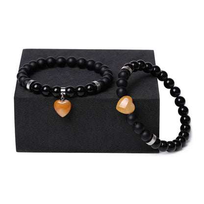 Mythstone 2Pcs Black Onyx Crystal Stone Love Heart Protection Support Couple Bracelet