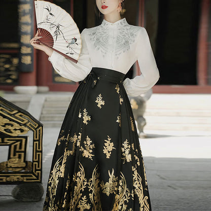 Mythstone Flowers Leaves Feathers Long Sleeve Shirt Top Chinese Hanfu Ming Dynasty Horse Face Skirt Mamianqun Skirt