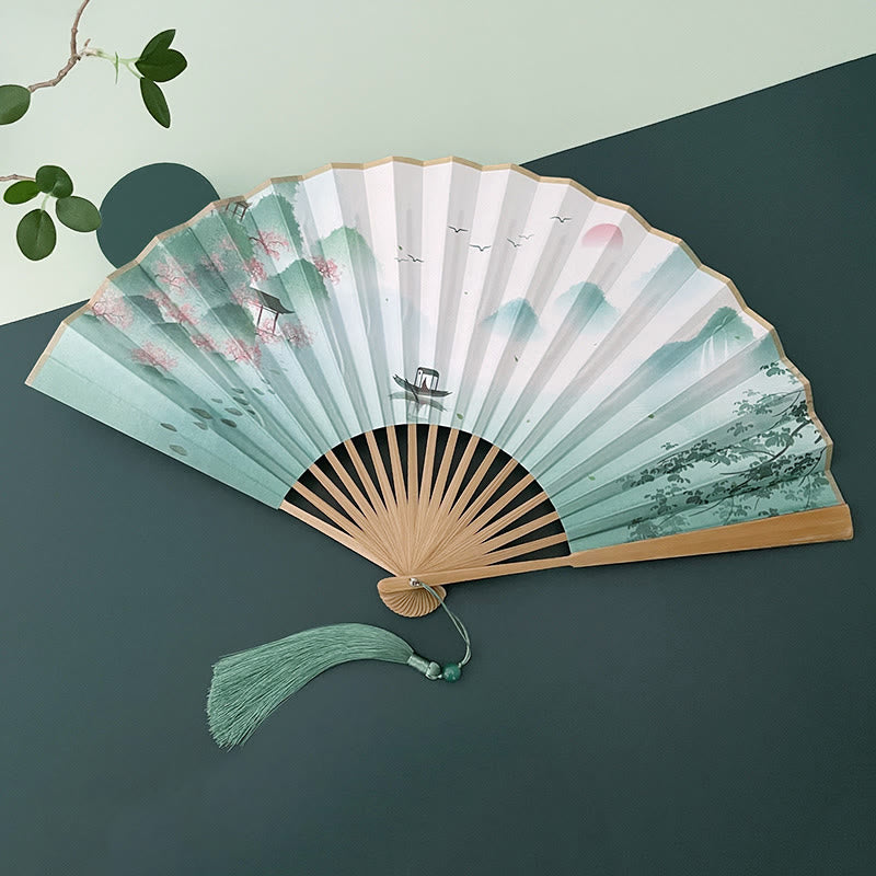 Mythstone Retro Lotus Flower Leaf Mountain Lake Handheld Folding Fan With Bamboo Frames