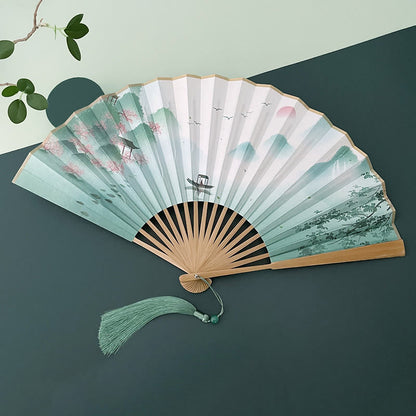 Mythstone Retro Lotus Flower Leaf Mountain Lake Handheld Folding Fan With Bamboo Frames