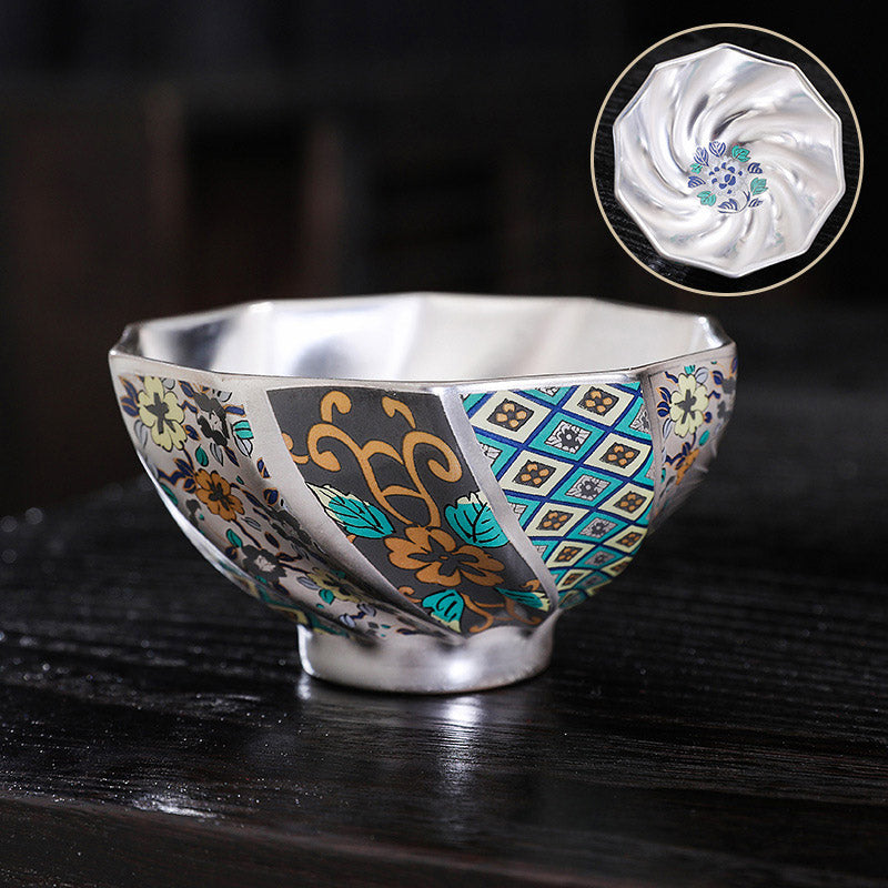 Mythstone 999 Sterling Silver Gilding Chrysanthemum Flowers Ceramic Teacup Kung Fu Tea Cup