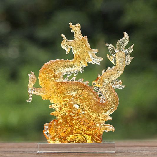 Mythstone Handmade Chinese Zodiac Yellow Dragon Liuli Crystal Art Piece Luck Protection Home Office Decoration