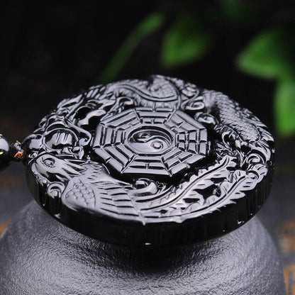 Mythstone Bagua Dragon Phoenix Obsidian Fulfilment Pendant Necklace