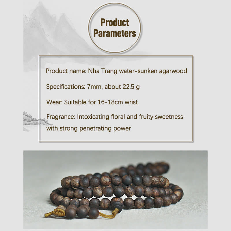 MythStone 7mm 108 Mala Beads Nha Trang Qinan Agarwood Peace Strength Bracelet