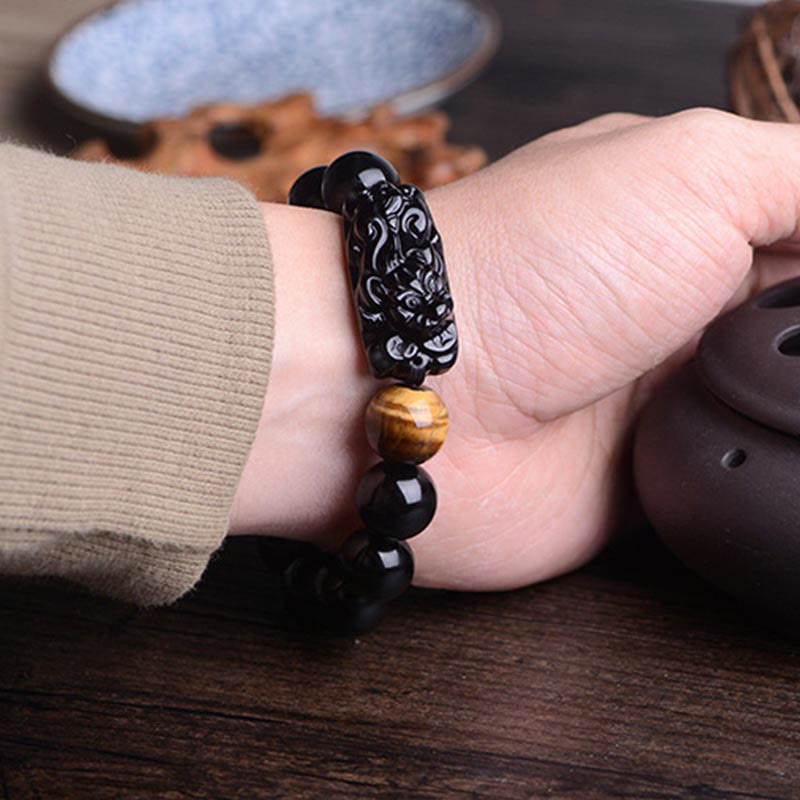 Pulsera de fuerza de ojo de tigre PiXiu con obsidiana negra natural Mythstone 