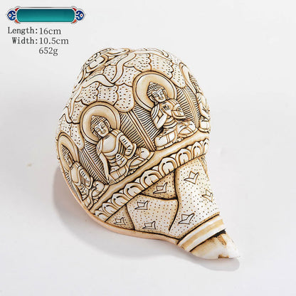 Mythstone Tibetan Handmade Engraved Shankha Buddha Avalokitesvara Conch Shell Wealth Decoration