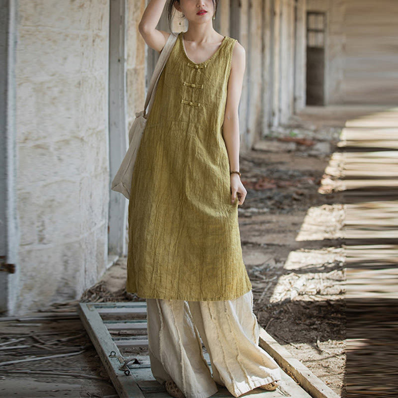 Vestido camisero sin mangas con botones de rana de Mythstone Pantalones anchos de lino ramio con bolsillos