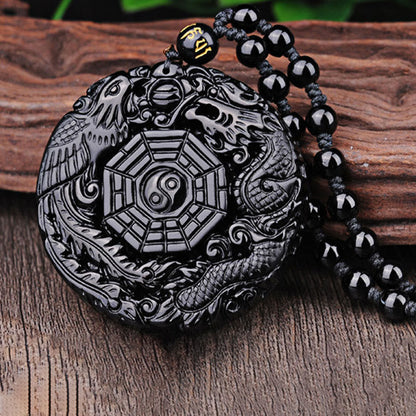 Mythstone Bagua Dragon Phoenix Obsidian Fulfilment Pendant Necklace