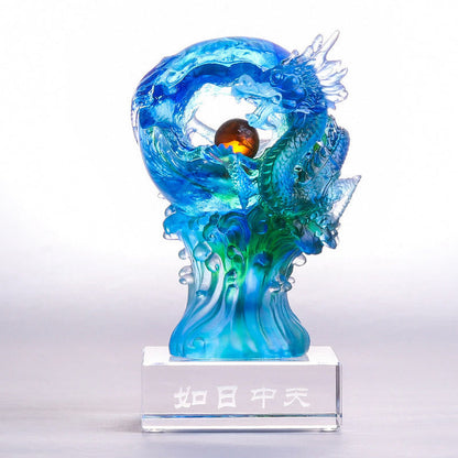 Mythstone Handmade Azure Dragon Liuli Crystal Art Piece Success Protection Home Office Decoration