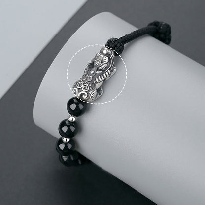 Mythstone 999 Sterling Silver FengShui PiXiu Natural Black Obsidian 925 Sterling Silver Bead Strength Bracelet