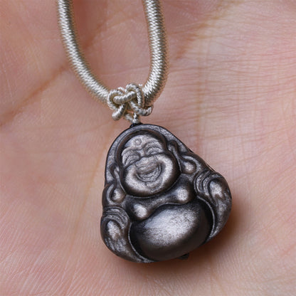 Mythstone Natural Silver Sheen Obsidian Laughing Buddha Protection Necklace Pendant