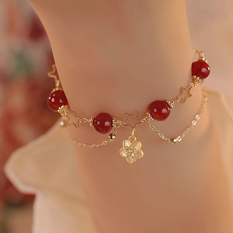 MythStone 14k Gold Plated Red Agate Star Flower Charm Calm Bracelet