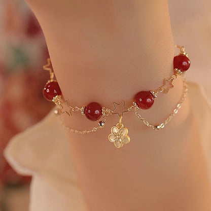 Mythstone 14k Gold Plated Red Agate Star Flower Charm Calm Bracelet