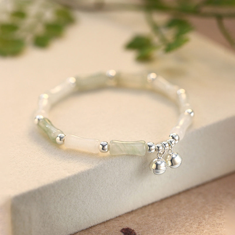 Mythstone 925 Sterling Silver Natural White Jade Bamboo Bell Charm Luck Happiness Bracelet