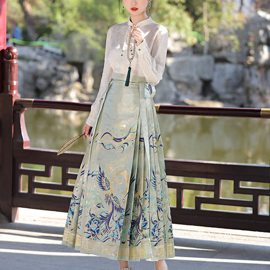 Mythstone Green Phoenix Printed Chinese Hanfu Horse Face Skirt Mamianqun