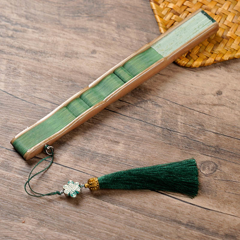 Mythstone Green Leaves Handheld Silk Bamboo Folding Fan