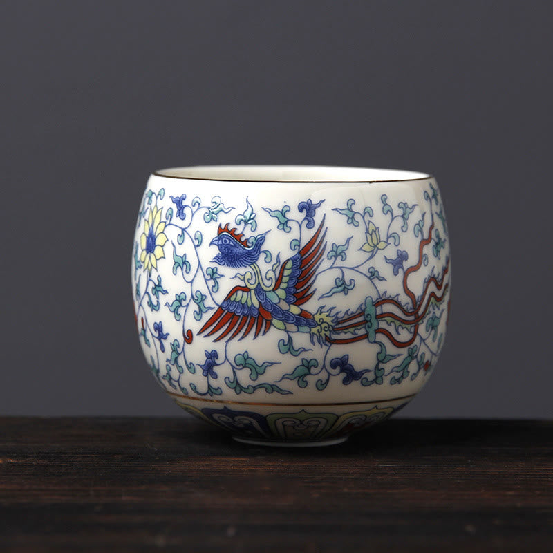 Mythstone Vintage Plum Blossom Pine Bamboo Phoenix Kirin Lion Dancing Ceramic Teacup Tea Cups