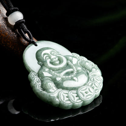 Mythstone Laughing Buddha Natural Jade Copper Coin Abundance Necklace Pendant