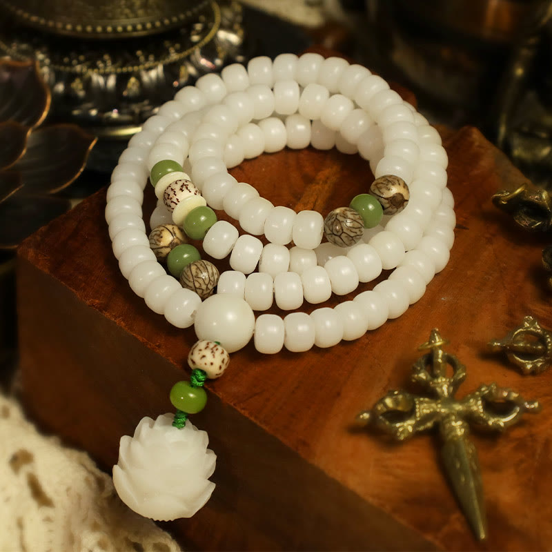 Mythstone White Jade Bodhi Lotus Mala Harmony Necklace Bracelet