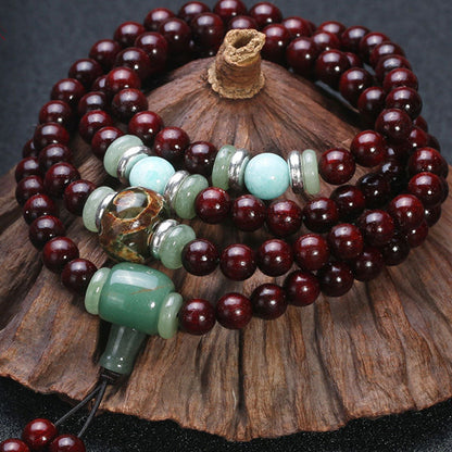 Mythstone 108 Beads Small Leaf Red Sandalwood Green Aventurine Amazonite Luck Healing Bracelet Mala