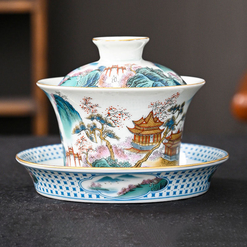 Mythstone Jingdezhen Dragon Phoenix Pavilion Pine Flower Ceramic Gaiwan Sancai Teacup Kung Fu Tea Cup And Saucer With Lid 170ml