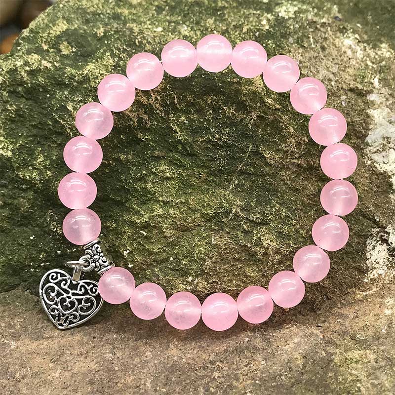 Natural Gemstone Lucky Love Heart  Charm Stretch Bracelet