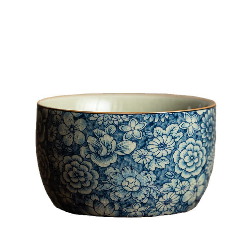 Mythstone Blue Lotus Peach Blossom Chrysanthemum Design Ceramic Teacup Kung Fu Tea Cups