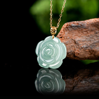 Mythstone 18K Gold 925 Sterling Silver Natural Jade Rose Luck Necklace Pendant