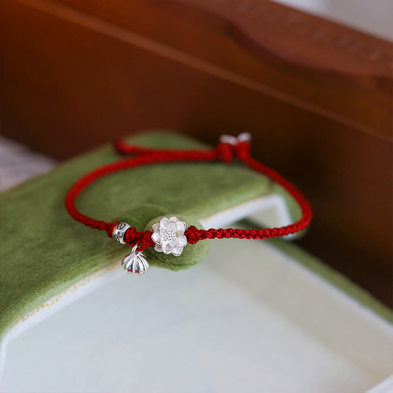 Mythstone Handmade Lotus Flower Luck Braid Red Rope Bracelet