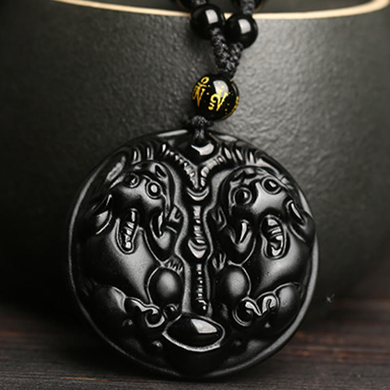 Mythstone Black Obsidian Double Pixiu Bead Rope Purification Necklace Pendant