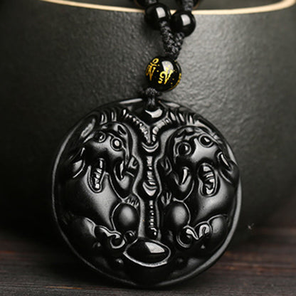 Mythstone Black Obsidian Double Pixiu Bead Rope Purification Necklace Pendant