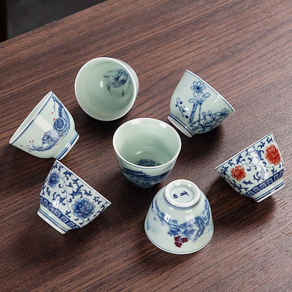 Mythstone Blue Landscape Mountains Lotus Cute Cat Pavilions Magnolia Reed Egrets Ceramic Teacup Small Kung Fu Tea Cup