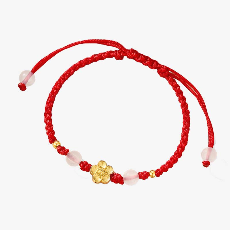 Mythstone Handmade 925 Sterling Silver Peach Blossom Cherry Sakura Chalcedony Bead Luck Red Rope Bracelet