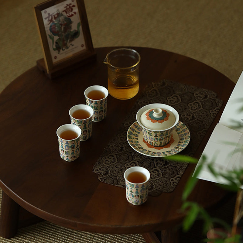 Taza de té de kung fu Gaiwan con tapa y diseño de apsaras voladoras de mil budas de Mythstone Dunhuang