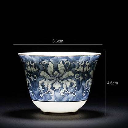 Mythstone Colorful Flowers Orchid Sea Waves Blue and White Porcelain Ceramic Teacup Kung Fu Tea Cup