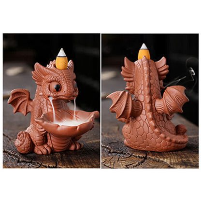 Mythstone Lovely Dinosaur Purple Clay Backflow Smoke Fountain Healing Incense Burner Decoration