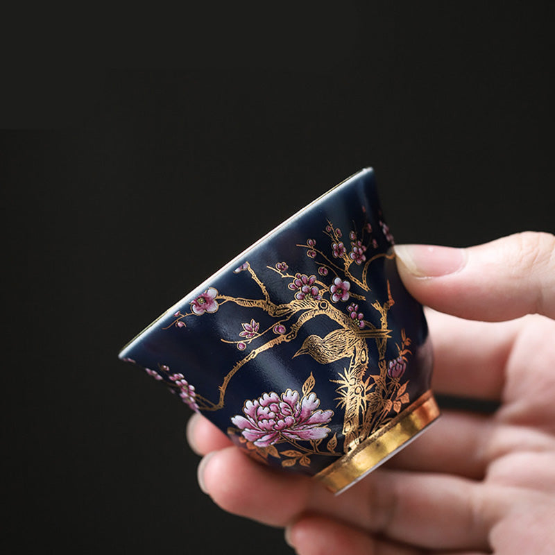 Mythstone Golden Magpie Peony Flower Ceramic Teacup Kung Fu Tea Cup