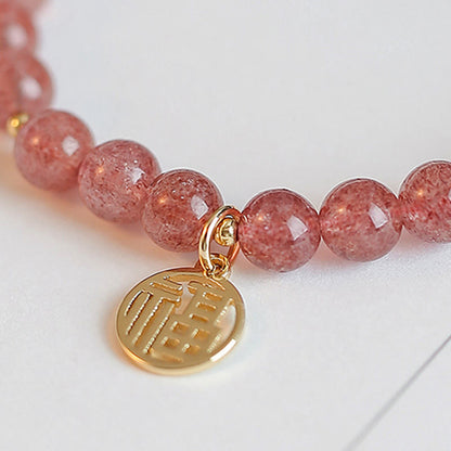 Mythstone 14K Gold Plated Strawberry Quartz Fu Character Healing Charm Bracelet