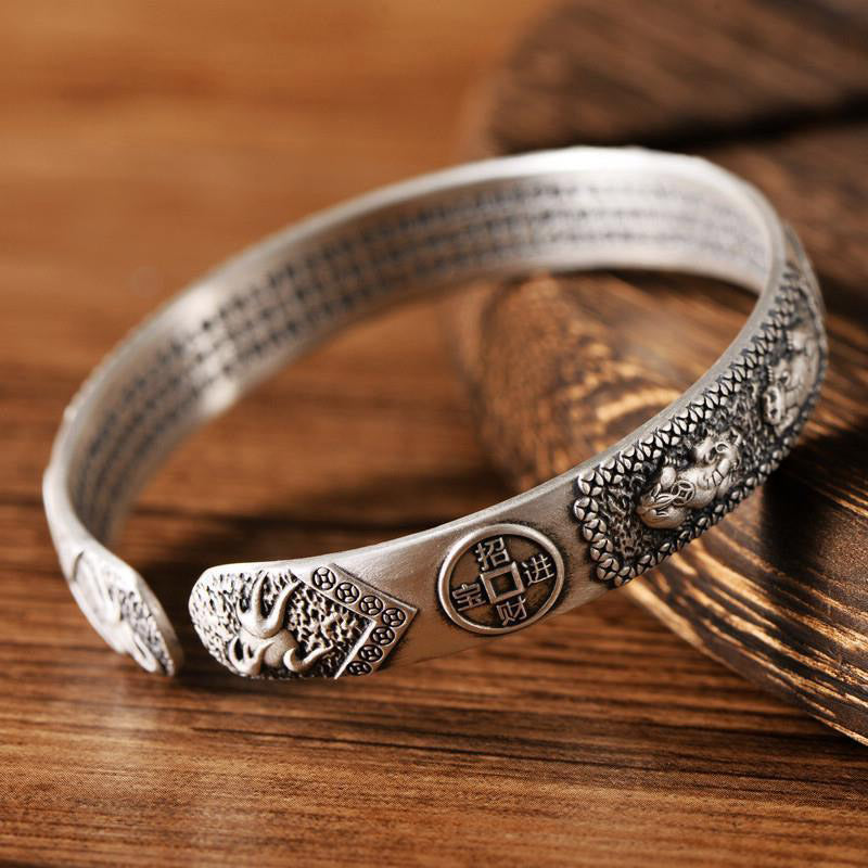 Mythstone Tibetan PiXiu Heart Sutra Coin White Copper Wealth Bracelet Adjustable Bangle