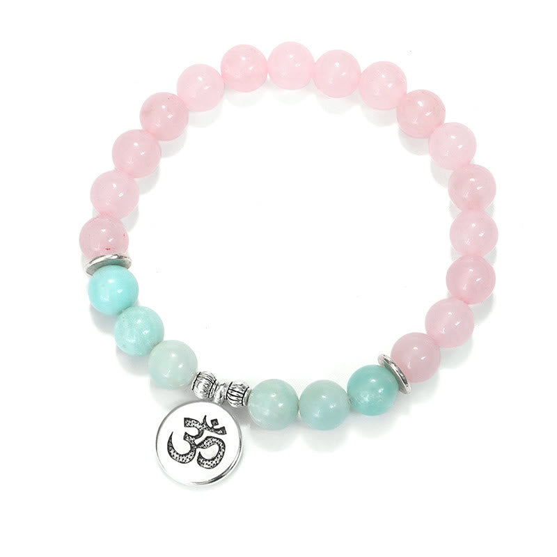 Mythstone Natural Pink Crystal Amazonite Lotus Buddha OM Symbol Warmth Bracelet