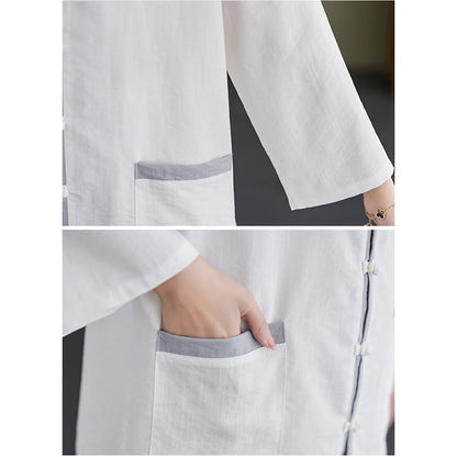 Mythstone 2Pcs Solid Color Long Sleeve Shirt Top Pants Meditation Zen Tai Chi Cotton Linen Clothing Women's Set