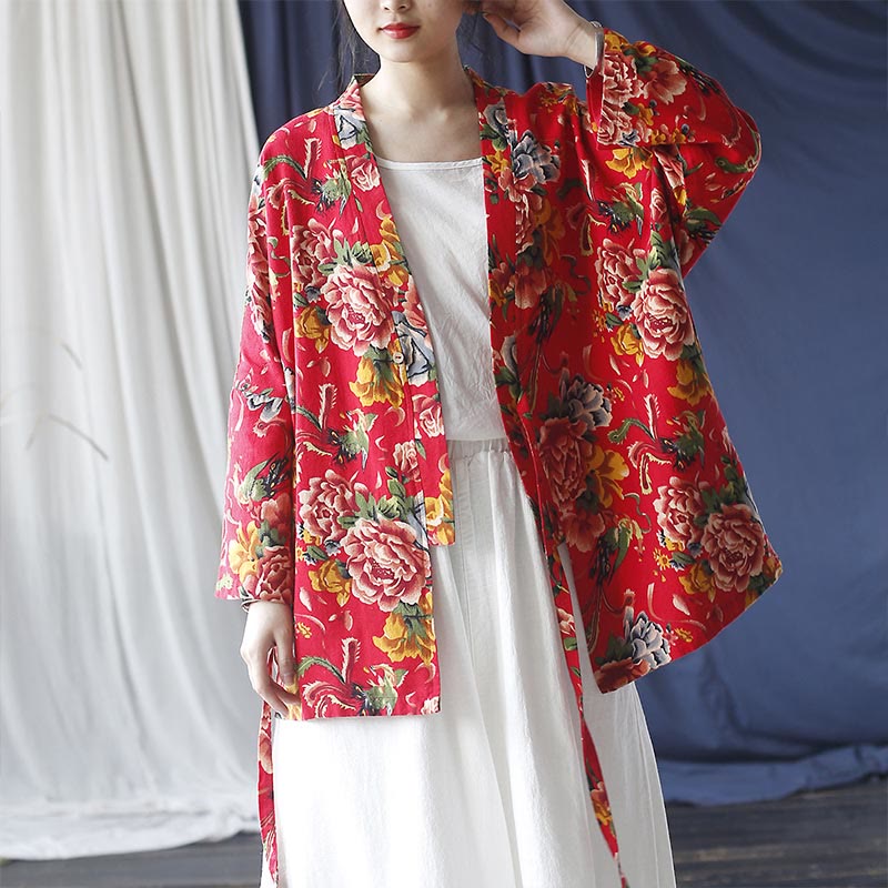 Mythstone Ethnic Style Northeast Red Flower Peony Print Cotton Linen Lace Up Jacket