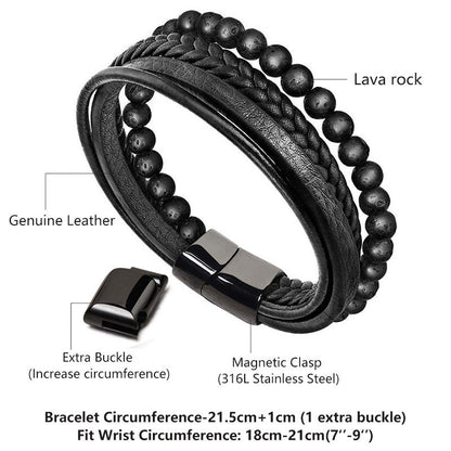 MythStone Natural Lava Rock Black Onyx Bead Leather Bracelet