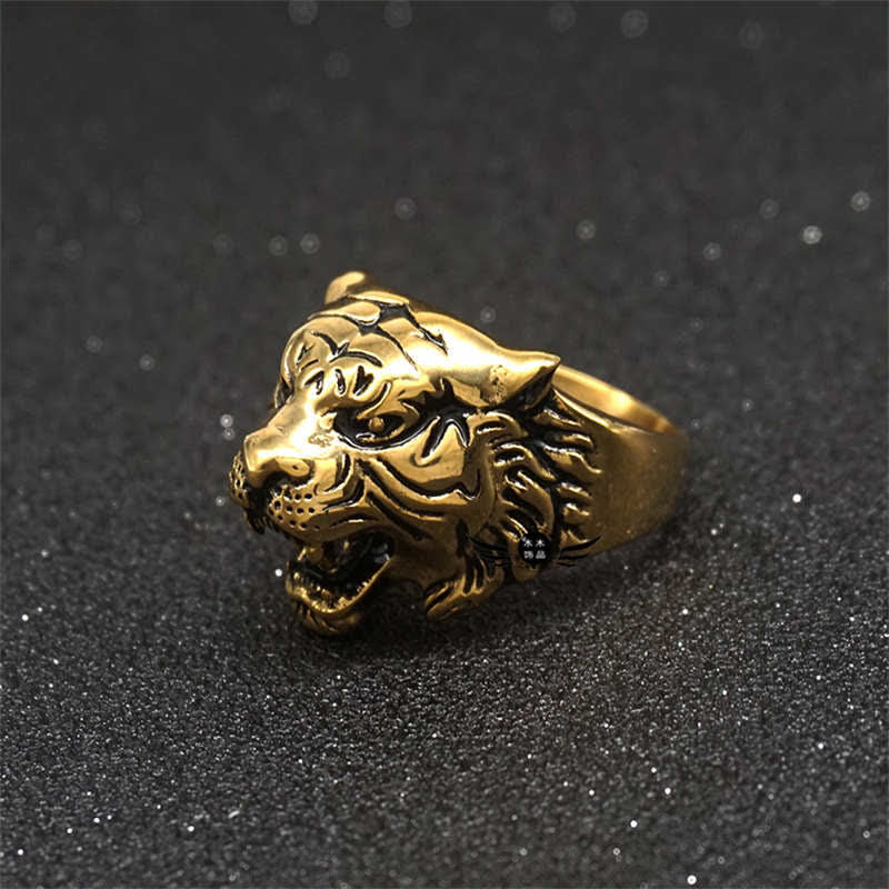 Mythstone Men's Animal Tiger Head Titanium Steel Balance Calm Punk Rock Biker Ring