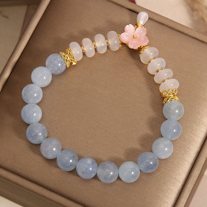 Mythstone Aquamarine White Agate Pearl Abacus Beads Flower Healing Bracelet