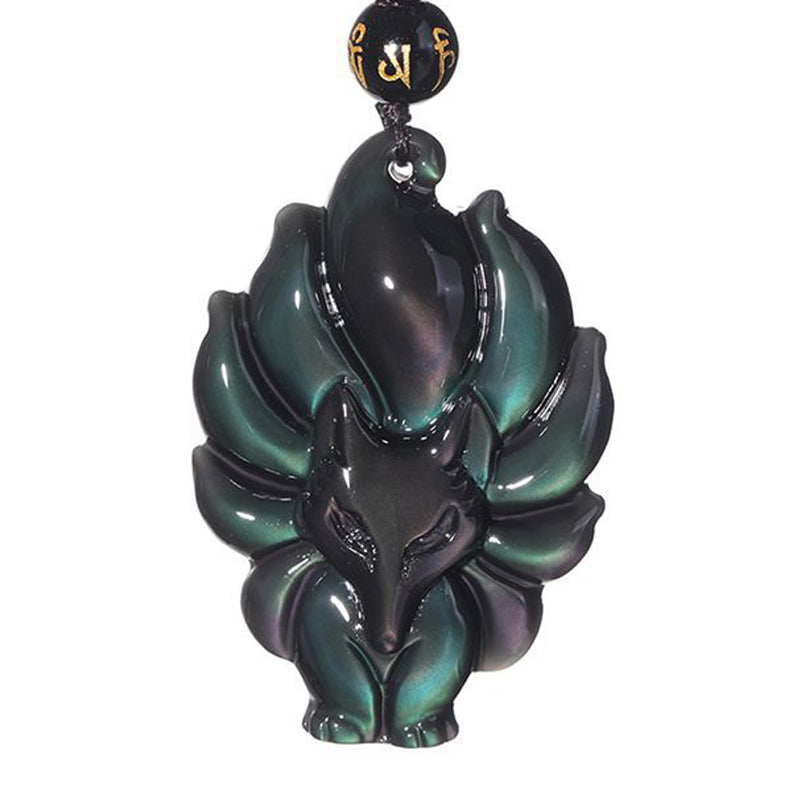 Mythstone Natural Rainbow Obsidian Gold Sheen Obsidian Nine Tailed Fox Positive Necklace Pendant